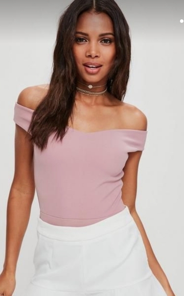 Missguided Tops - Missguided Bardot Crepe Bodysuit in Mauve